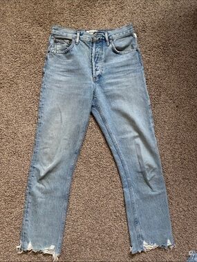 Agolde Light Wash Straight Jeans with Distressed Hem